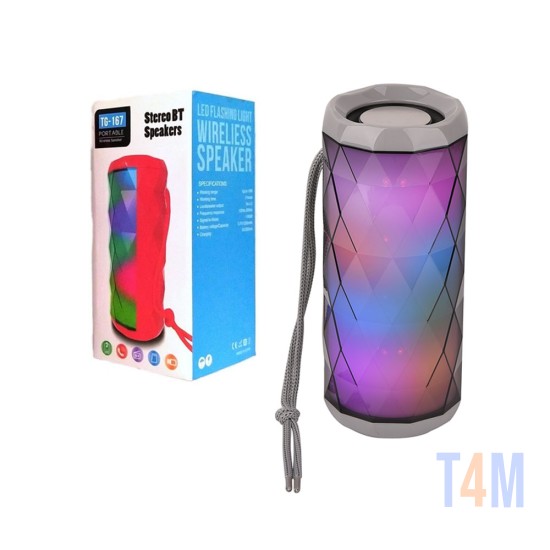 COLUNA BLUETOOTH SEM FIO T&G TG-167 FM/TF/U DISCO/MICROSD/USB/AUX COM RGB COLORIDO LUZ PRATA